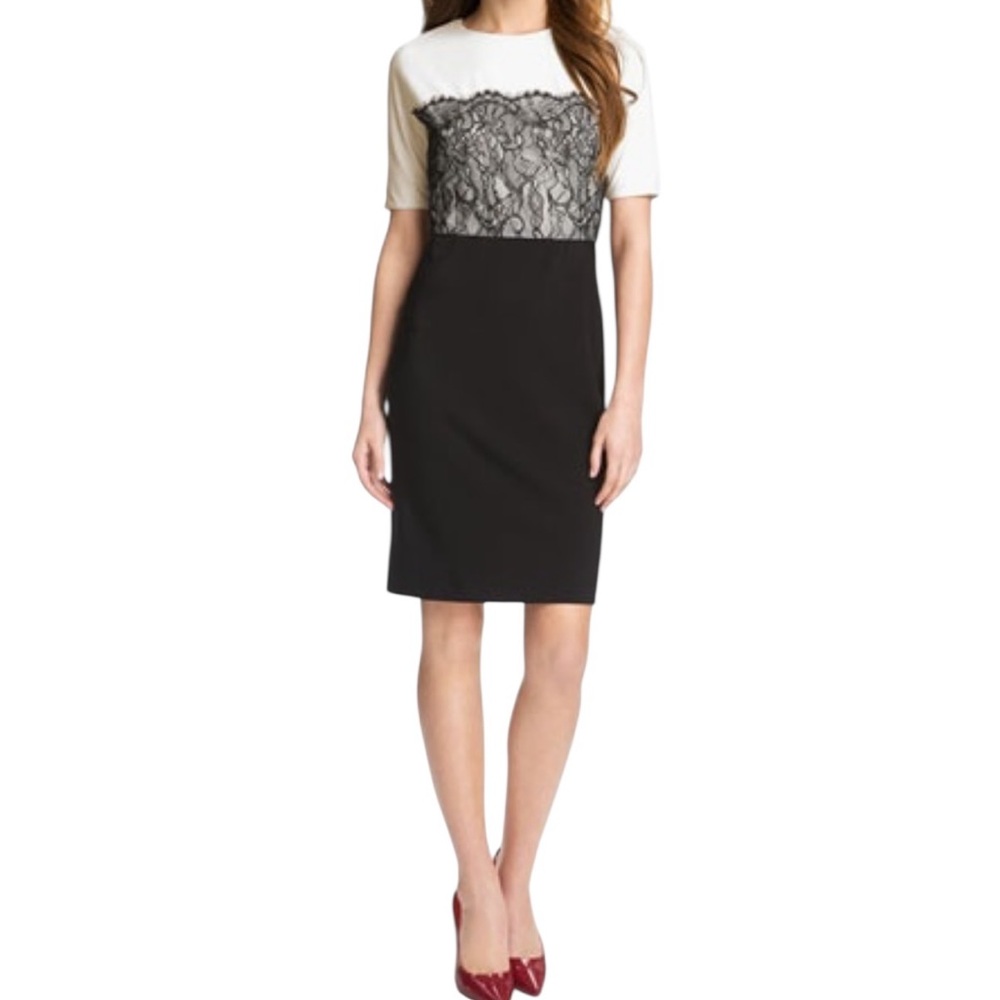 Suzi Chin for.Maggie Boutique Black/White Mixed Media Short Sleeve Sheath Dress